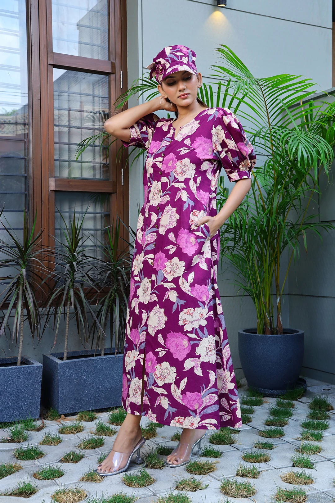 VGlame - Wine Floral Cotton One Piece Dress with Shorts & Cap – Summer Vacation Outfit for Women